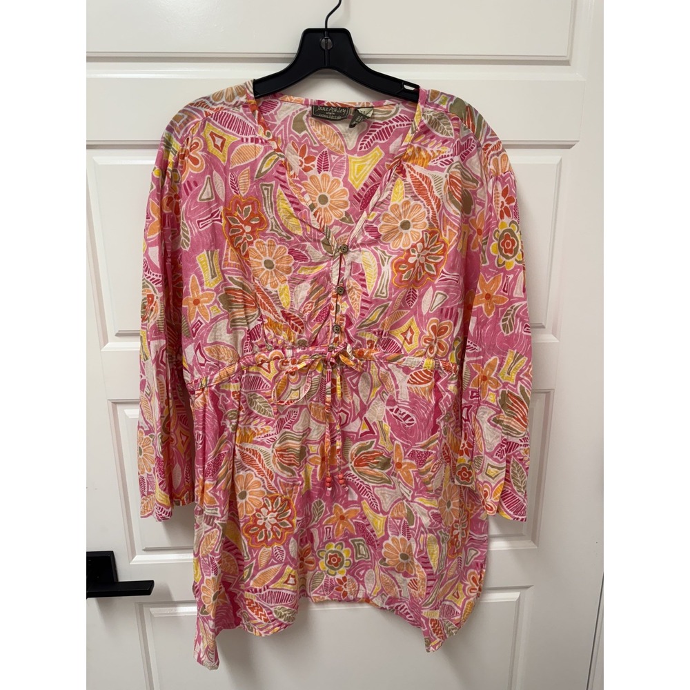 Jane Ashley Woman 3X Tunic Top Floral Pullover Blouse Pink Cotton Tassel Tie